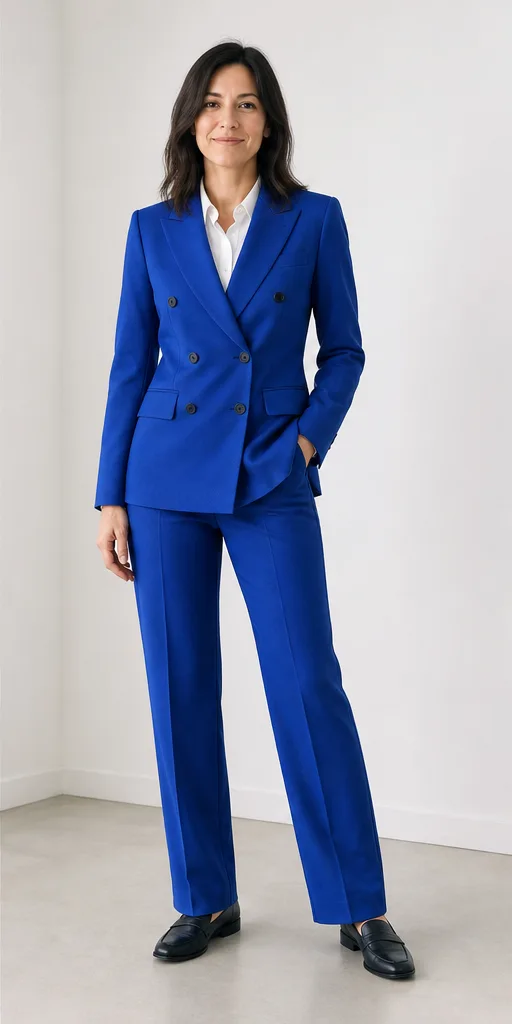 On-model product photo of cobalt tailored double-breasted suit with a clean white shirt