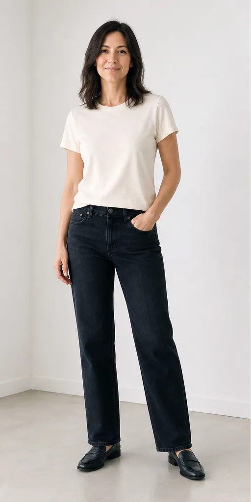 On-model base shot: an adult woman in a cream T-shirt and dark jeans in a bright minimal studio