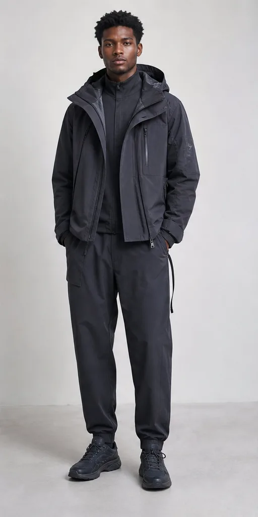 Garment to photograph: charcoal technical streetwear set with a layered jacket and tapered trousers