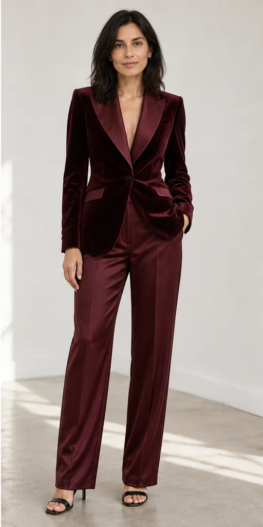 On-model product photo of deep burgundy evening ensemble with a velvet blazer and satin trousers