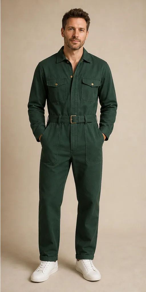 On-model product photo of forest-green utility jumpsuit with brass hardware and a belted waist