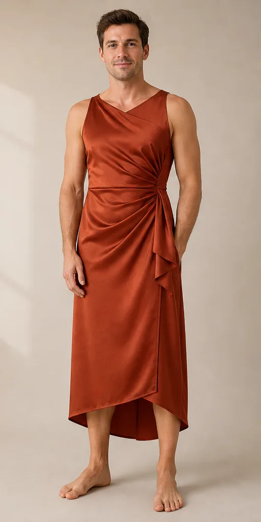 On-model product photo of rust silk midi dress with asymmetric draping and subtle sheen