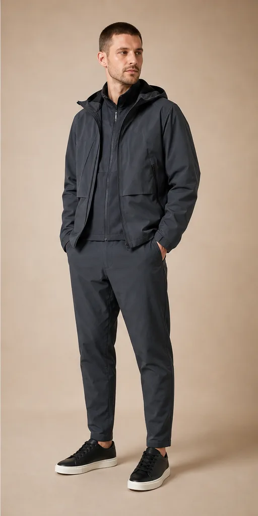 On-model product photo of charcoal technical streetwear set with a layered jacket and tapered trousers