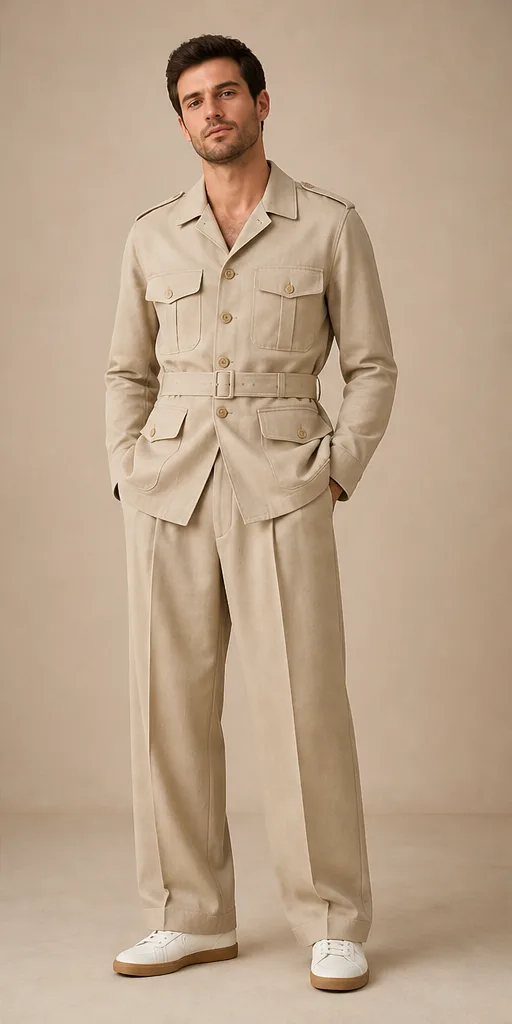 On-model product photo of sand safari jacket with matching pleated wide-leg trousers