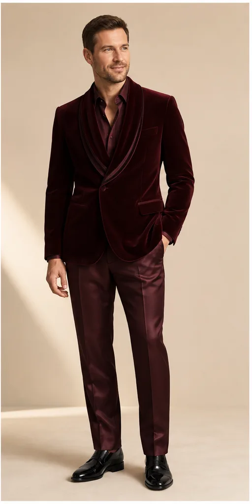 On-model product photo of deep burgundy evening ensemble with a velvet blazer and satin trousers
