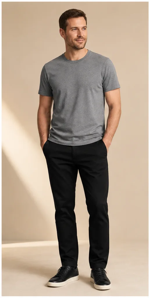On-model base shot: an adult man in a gray T-shirt and black chinos on a soft beige studio set