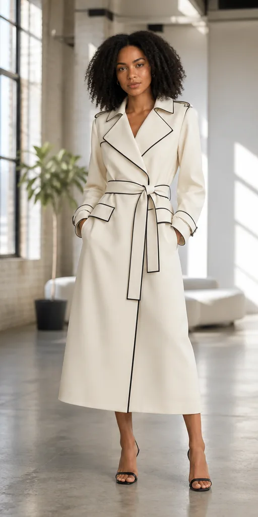 On-model product photo of ivory architectural trench coat with crisp black piping