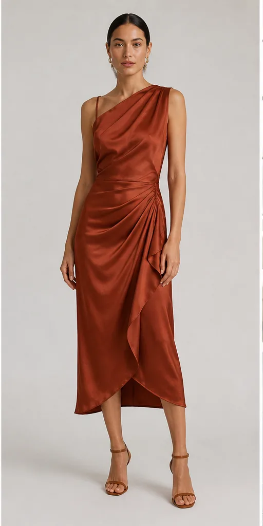 Garment to photograph: rust silk midi dress with asymmetric draping and subtle sheen