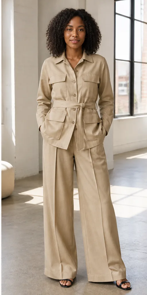 On-model product photo of sand safari jacket with matching pleated wide-leg trousers