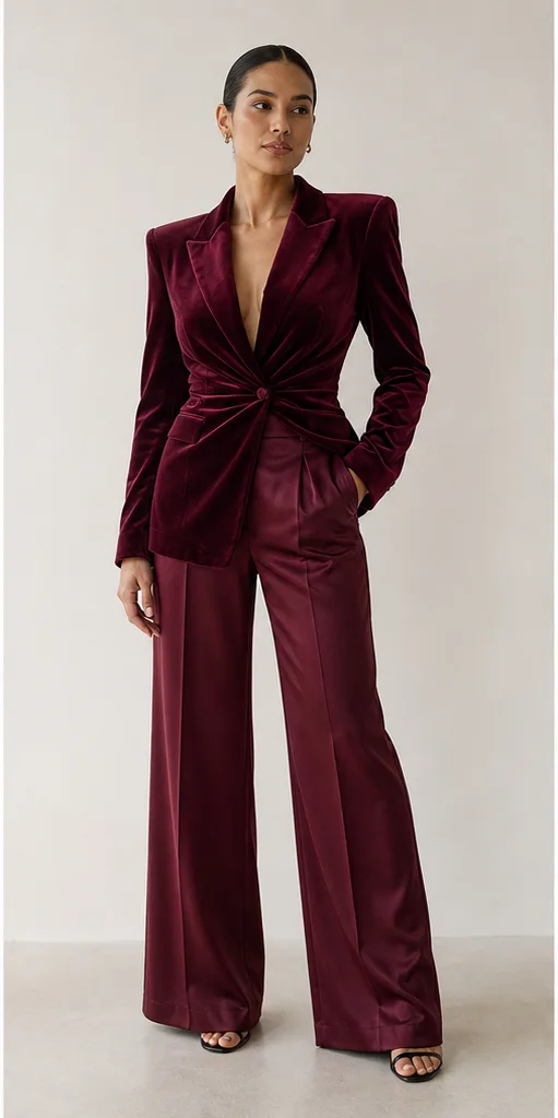 Garment to photograph: deep burgundy evening ensemble with a velvet blazer and satin trousers