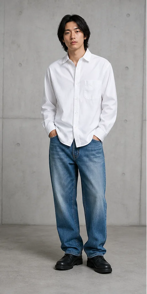 On-model base shot: an adult East Asian man in a white shirt and relaxed jeans in a concrete studio