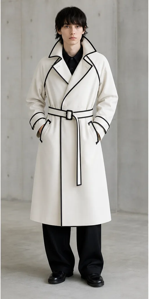 Garment to photograph: ivory architectural trench coat with crisp black piping