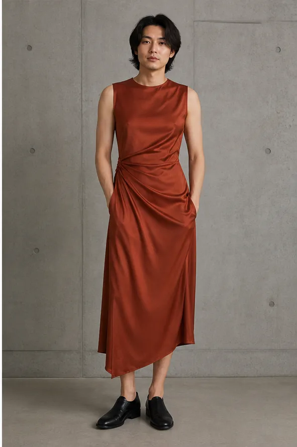 On-model product photo of rust silk midi dress with asymmetric draping and subtle sheen