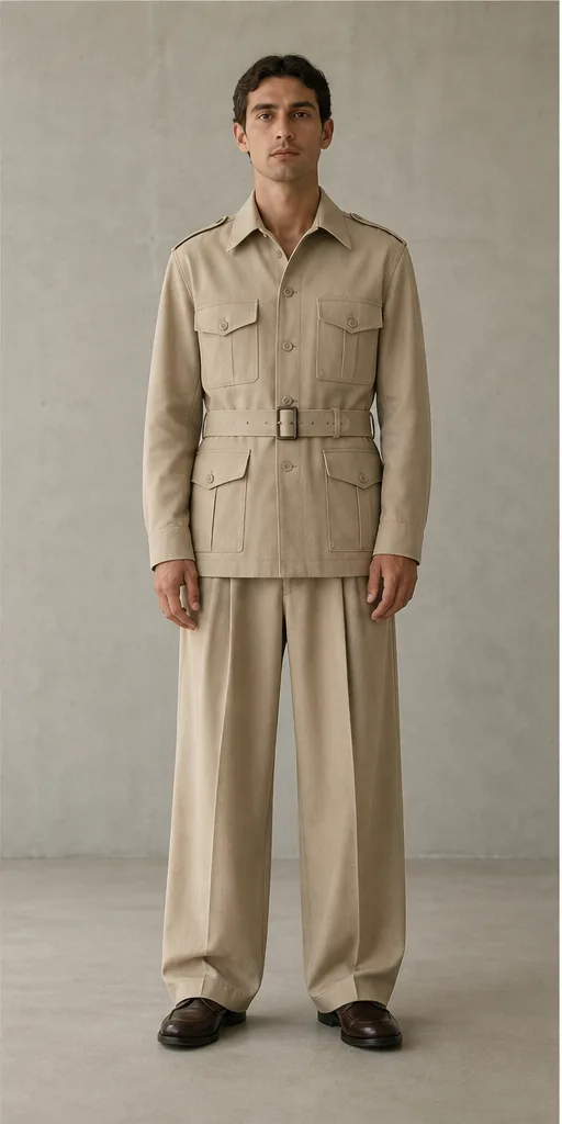 Garment to photograph: sand safari jacket with matching pleated wide-leg trousers