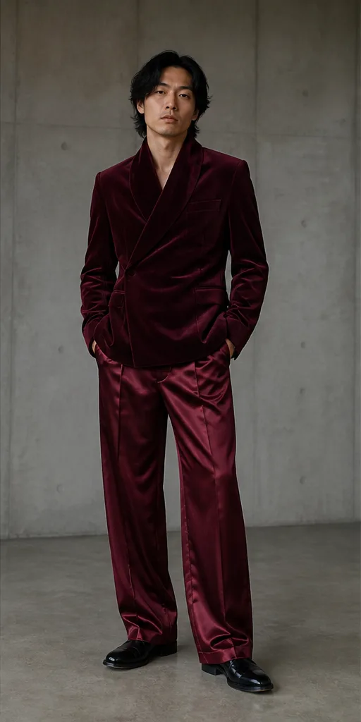 On-model product photo of deep burgundy evening ensemble with a velvet blazer and satin trousers