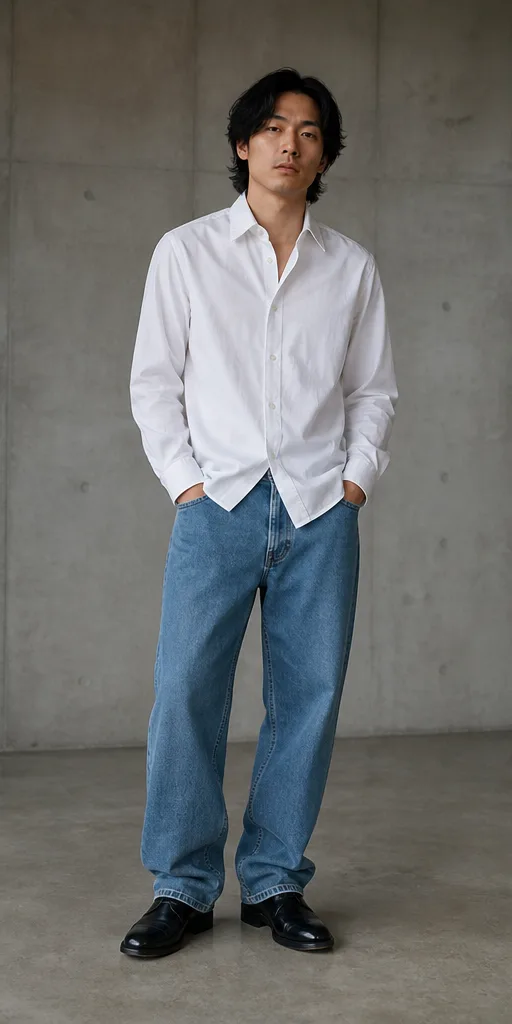 On-model base shot: an adult East Asian man in a white shirt and relaxed jeans in a concrete studio