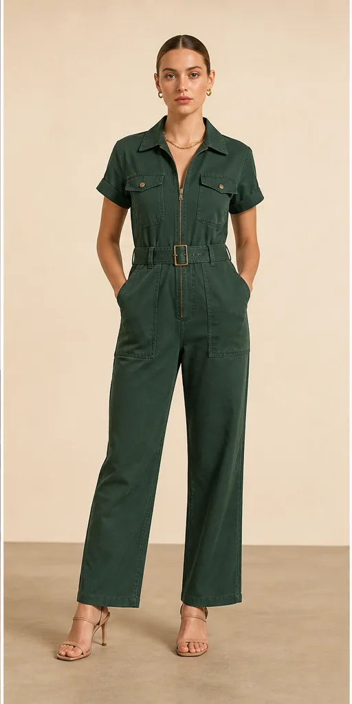 Garment to photograph: forest-green utility jumpsuit with brass hardware and a belted waist
