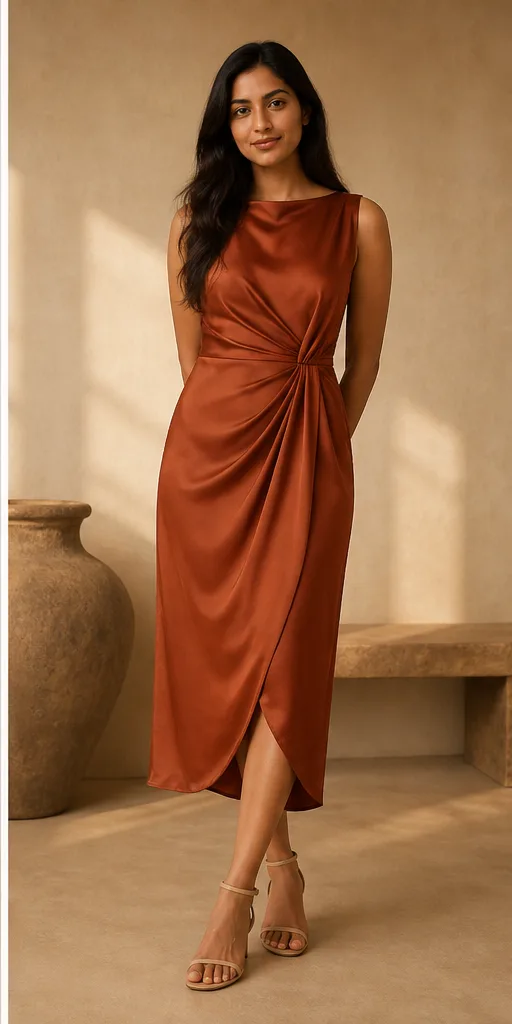 On-model product photo of rust silk midi dress with asymmetric draping and subtle sheen