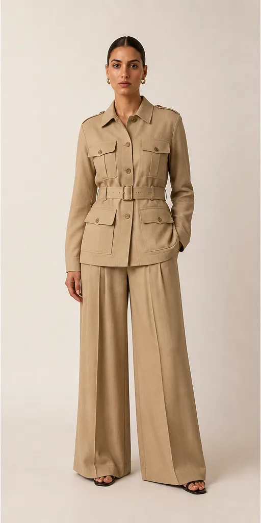 Garment to photograph: sand safari jacket with matching pleated wide-leg trousers