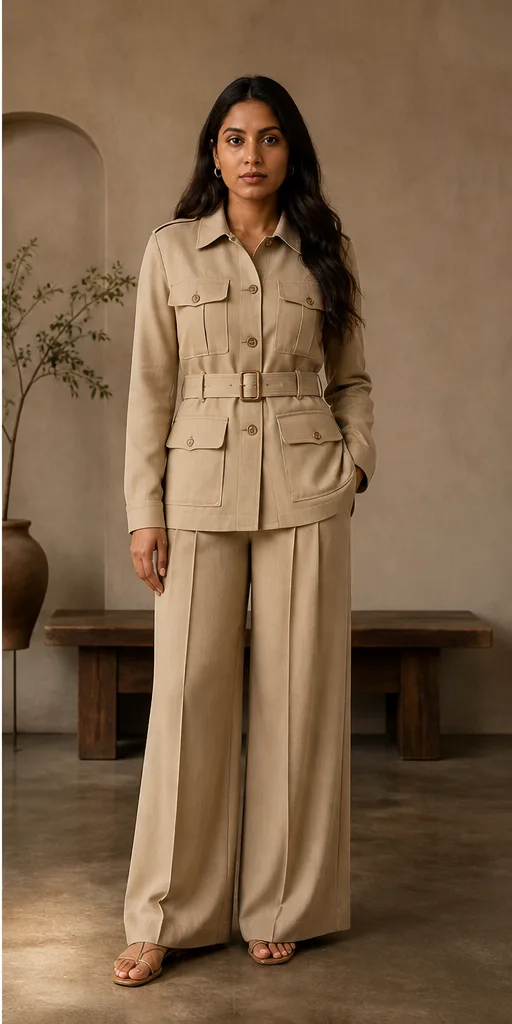 On-model product photo of sand safari jacket with matching pleated wide-leg trousers