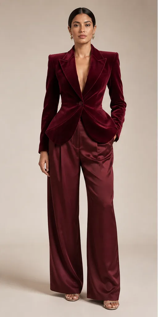 Garment to photograph: deep burgundy evening ensemble with a velvet blazer and satin trousers