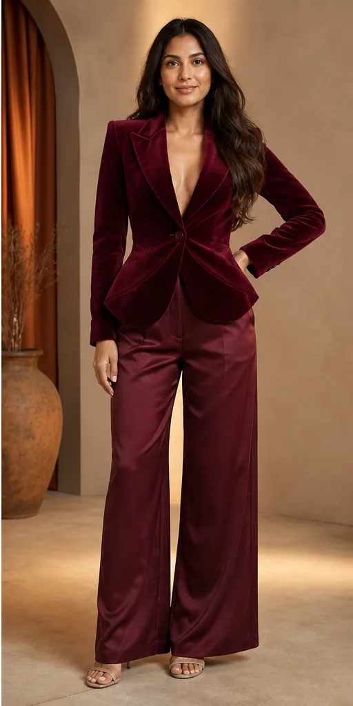 On-model product photo of deep burgundy evening ensemble with a velvet blazer and satin trousers