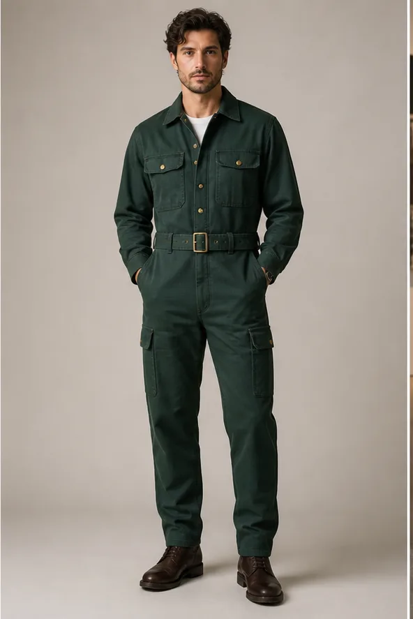 Garment to photograph: forest-green utility jumpsuit with brass hardware and a belted waist