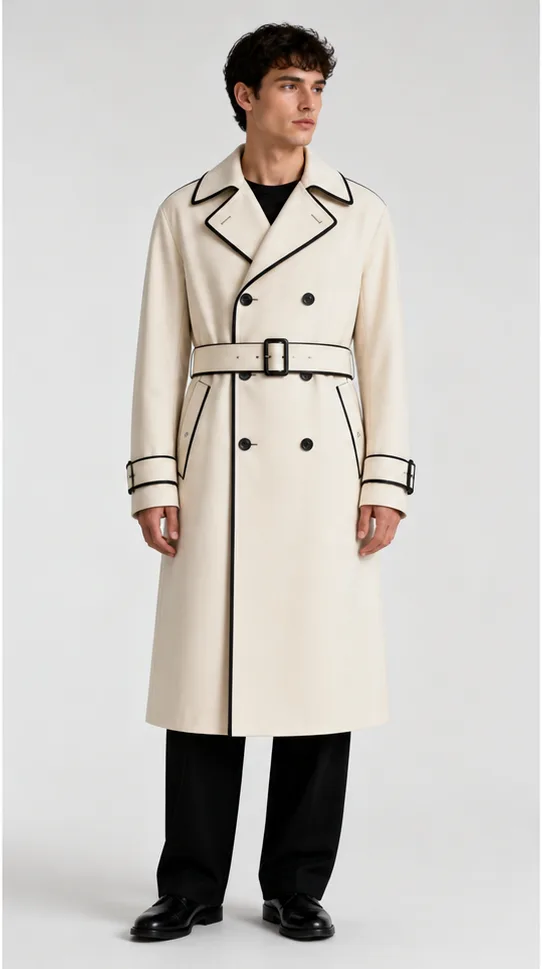 Garment to photograph: ivory architectural trench coat with crisp black piping