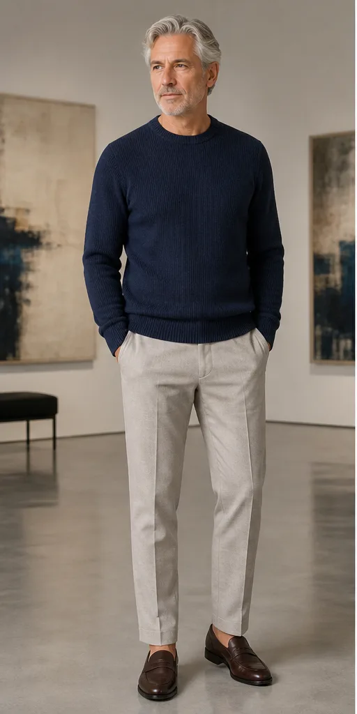 On-model base shot: an older adult man in a navy knit and neutral trousers in a gallery studio
