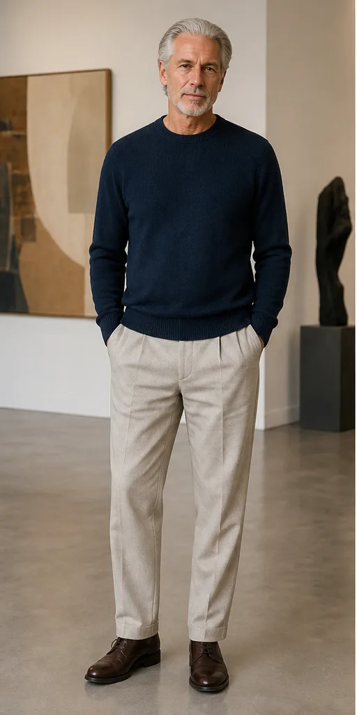On-model base shot: an older adult man in a navy knit and neutral trousers in a gallery studio