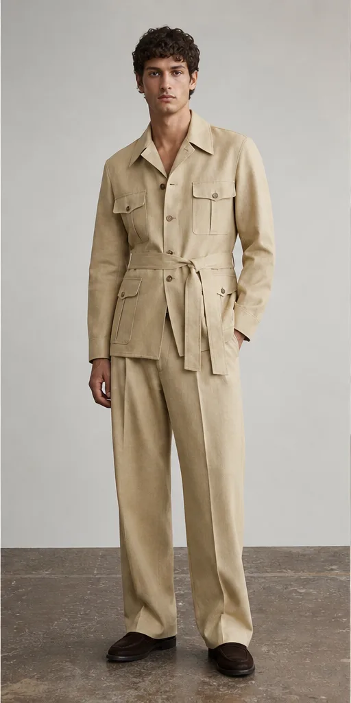 Garment to photograph: sand safari jacket with matching pleated wide-leg trousers