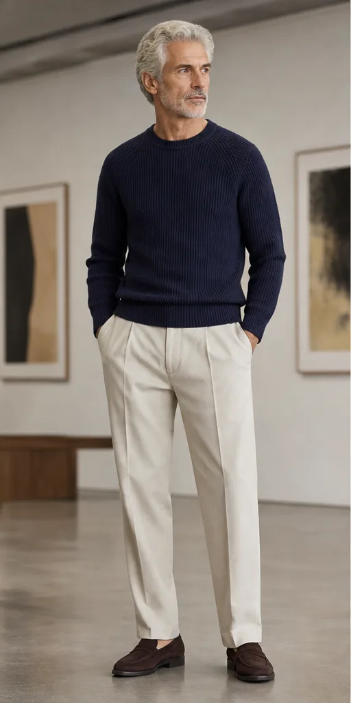 On-model base shot: an older adult man in a navy knit and neutral trousers in a gallery studio