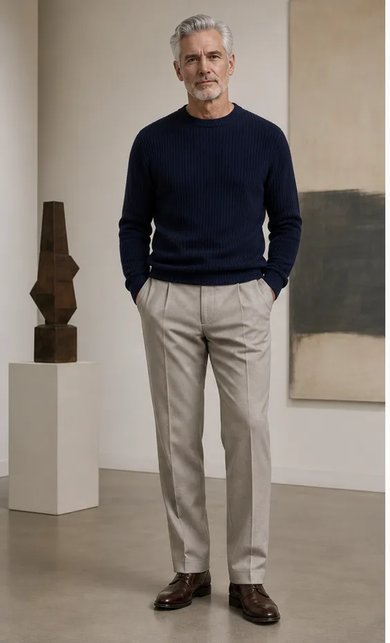 On-model base shot: an older adult man in a navy knit and neutral trousers in a gallery studio