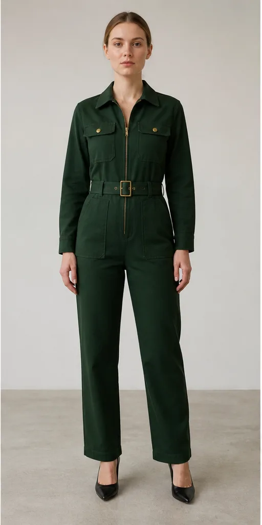 Garment to photograph: forest-green utility jumpsuit with brass hardware and a belted waist