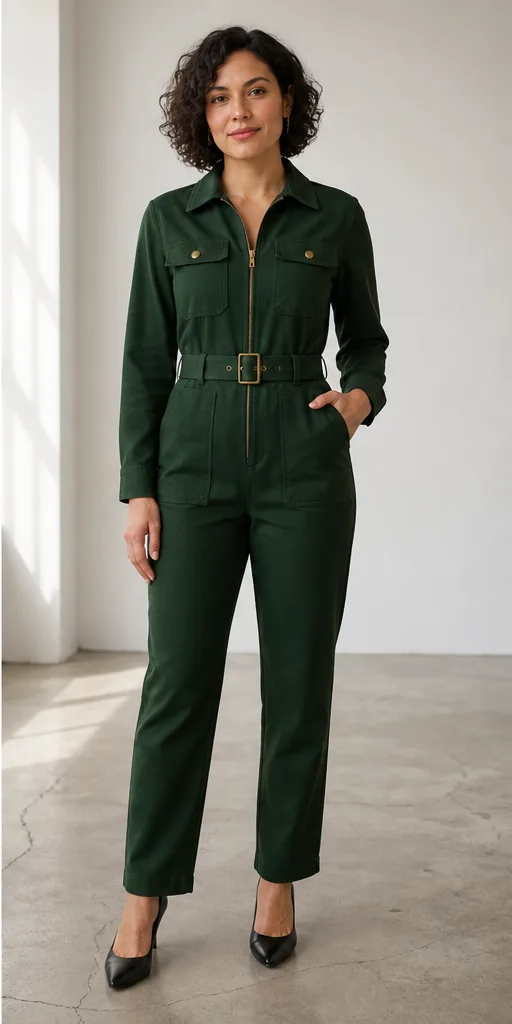 On-model product photo of forest-green utility jumpsuit with brass hardware and a belted waist