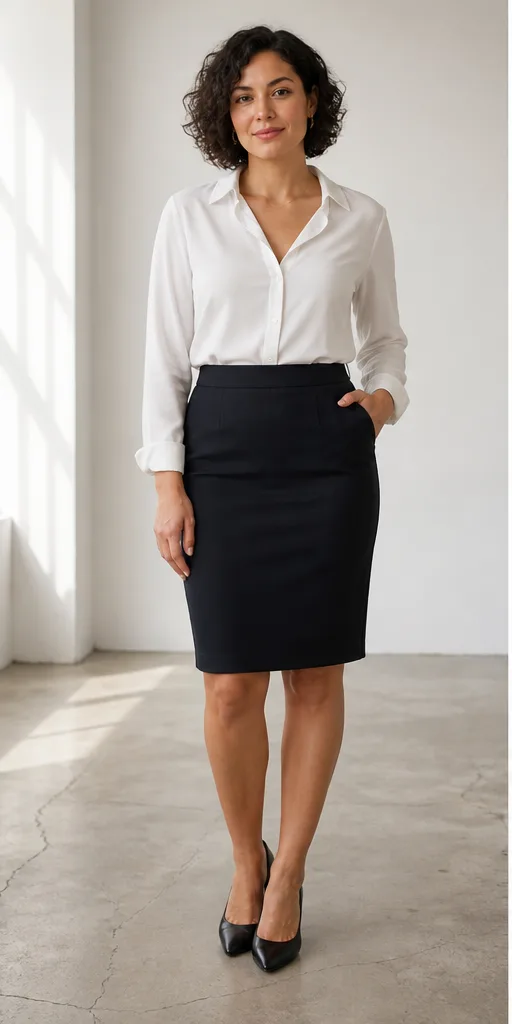 On-model base shot: an adult Latino woman in a white blouse and dark skirt in a daylight studio