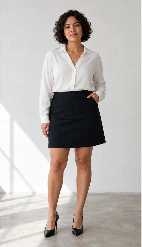 On-model base shot: an adult Latino woman in a white blouse and dark skirt in a daylight studio
