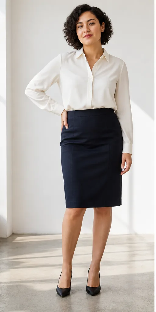 On-model base shot: an adult Latino woman in a white blouse and dark skirt in a daylight studio