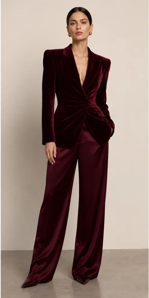 Garment to photograph: deep burgundy evening ensemble with a velvet blazer and satin trousers